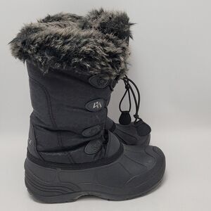 Kids Ice Face Faux Fur Lace Up Mid Calf Lined Rubber Snow Boots Black Size 4